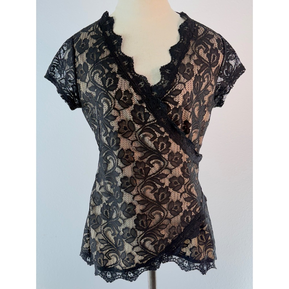 Y2K Janet Chung Black Floral Lace Wrap Top Fairy Grunge Whimsigoth Romantic LG